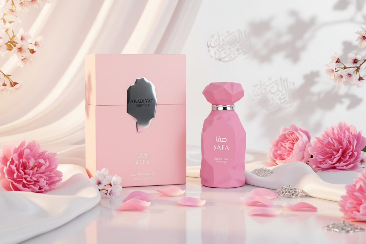 Perfume Arabiyat Prestige Safa: frasco rosa con tapa plateada y caja rosa