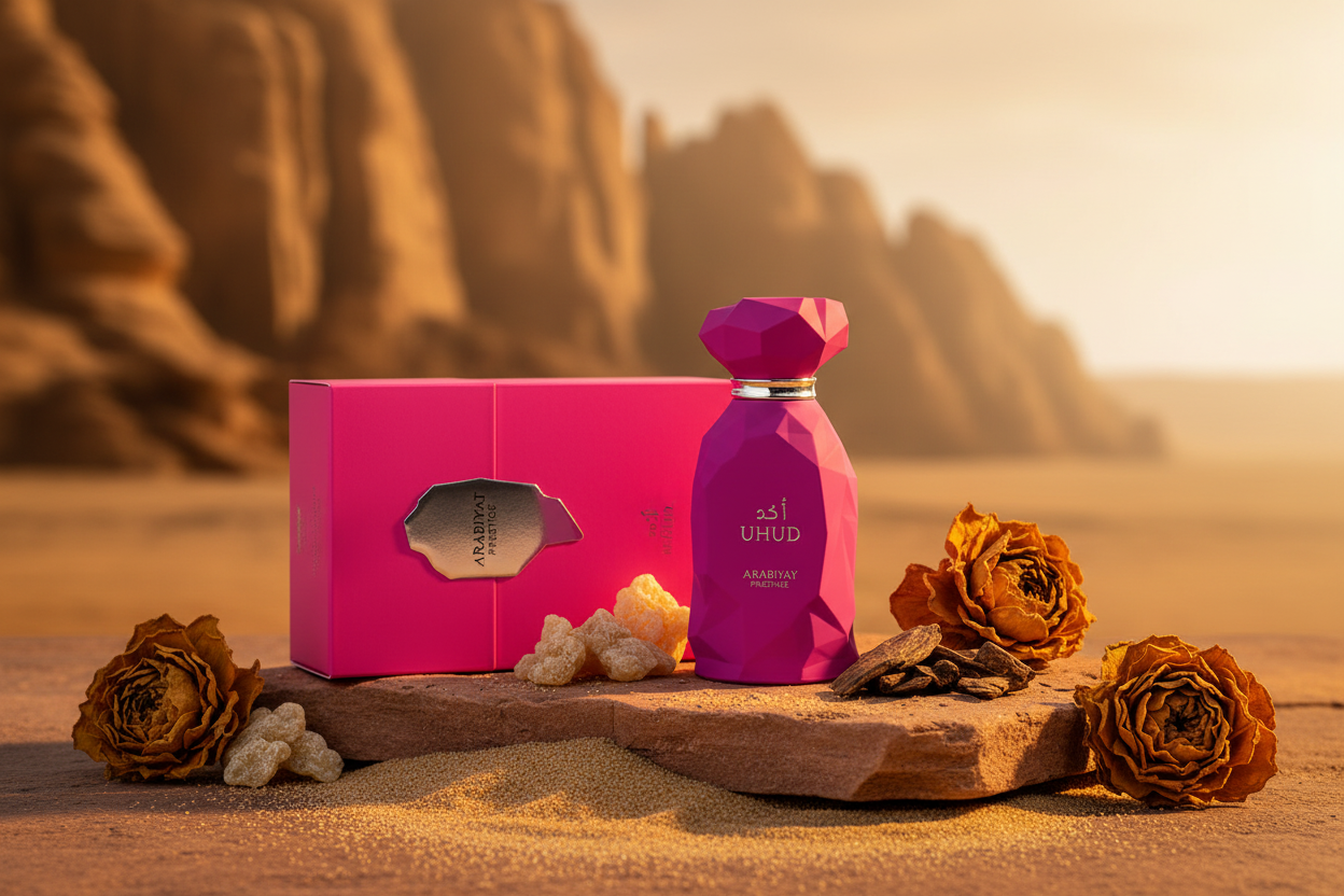 Botella y caja de Eau de Parfum Arabiyat Uhud, frasco facetado fucsia