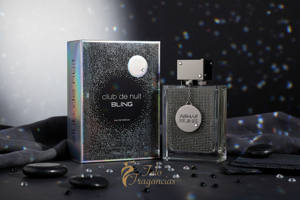 Perfume Armaf Club de Nuit Bling 75 ml, frasco transparente con etiqueta circular y caja
