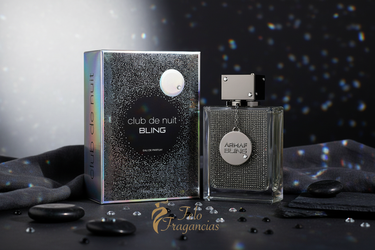 Perfume Armaf Club de Nuit Bling 75 ml, frasco transparente con etiqueta circular y caja