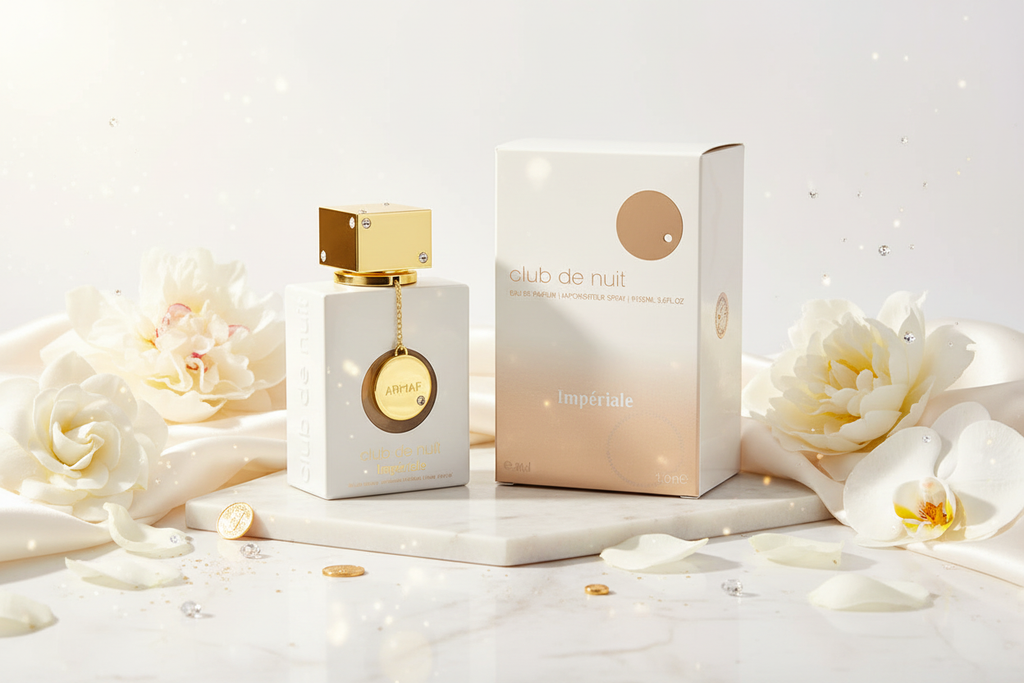 Perfume Eau de Parfum Armaf Club de Nuit Imperiale: frasco y caja color crema