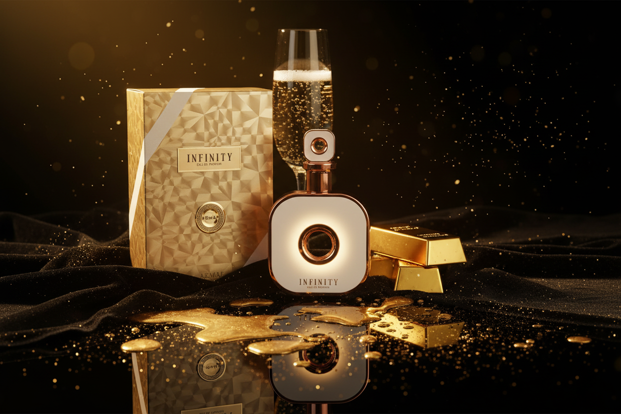 Perfume en frasco dorado con caja de papel Infinity y tapa metálica