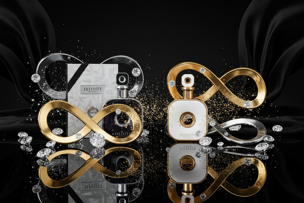 Perfume Armaf Infinity: frasco claro y frasco oscuro con acentos dorados y plateados.