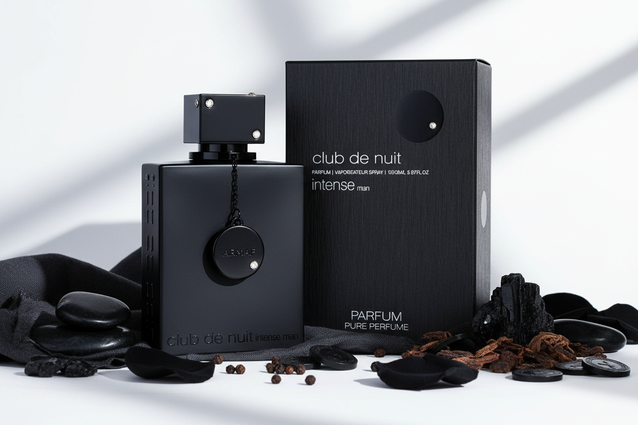 Perfume Armaf Club de Nuit Intense: frasco negro y caja, spray