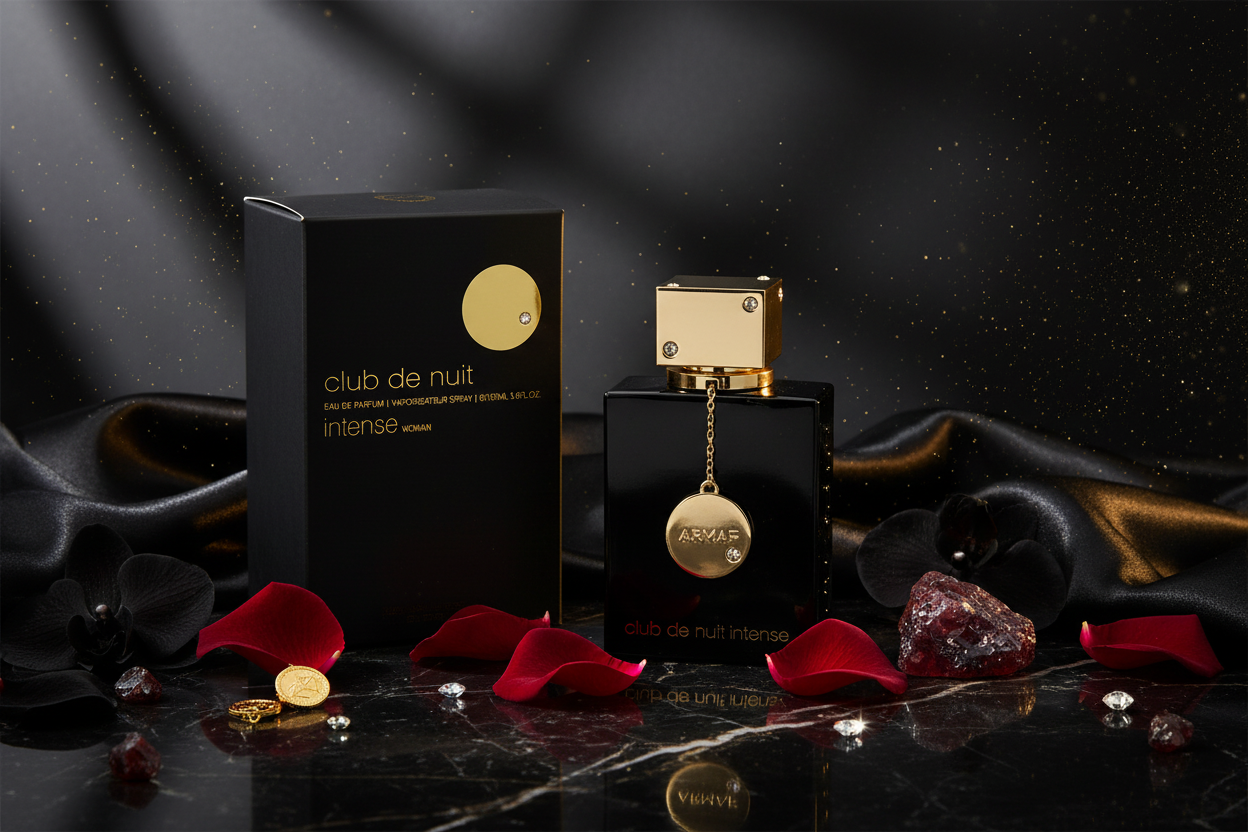 Perfume Armaf Club de Nuit Intense Woman, frasco negro con tapa dorada y colgante.