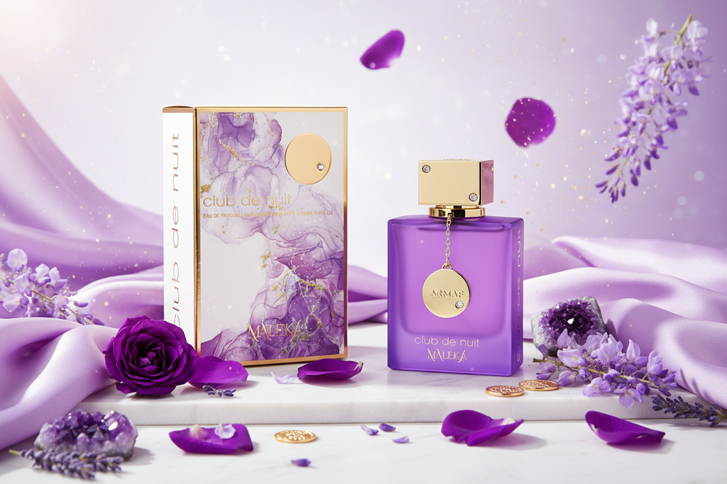 Perfume Armaf Maleka Club de nuit, frasco morado y caja decorativa
