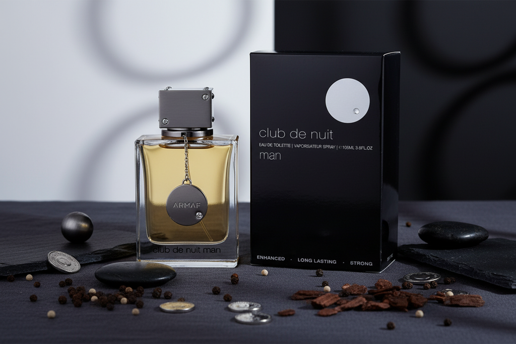 Perfume en botella de vidrio ámbar con tapa negra y caja negra