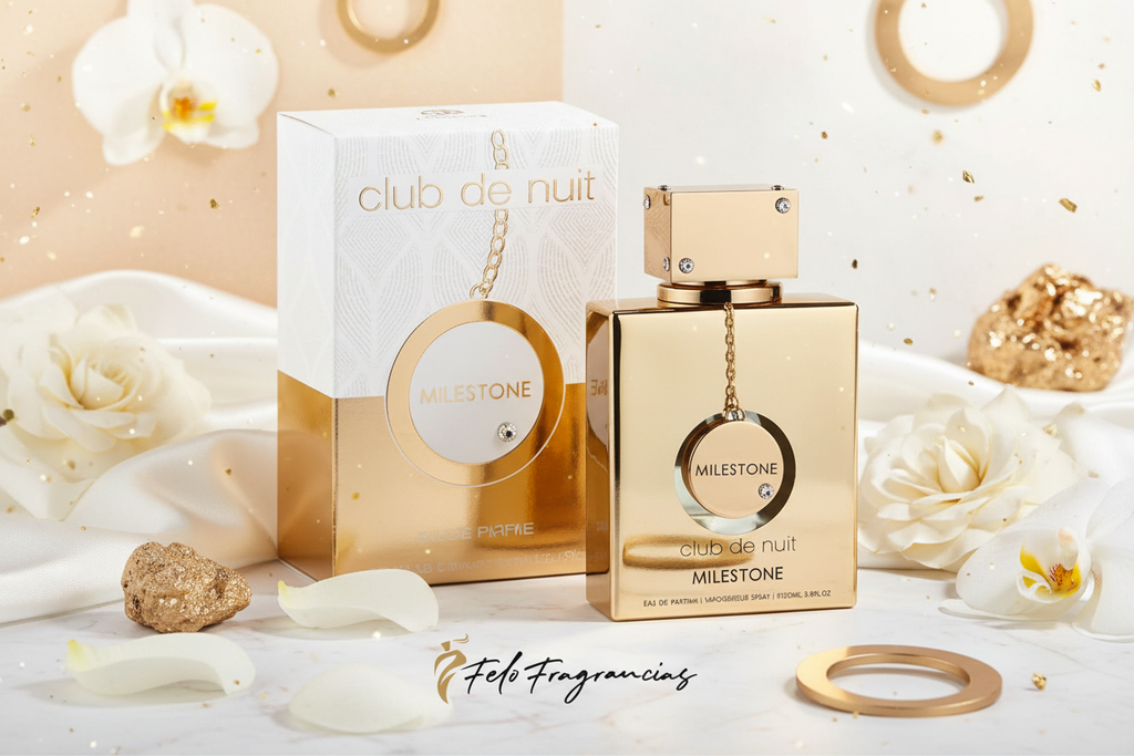 Perfume Eau de Parfum Armaf Club de Nuit Milestone, frasco dorado con caja