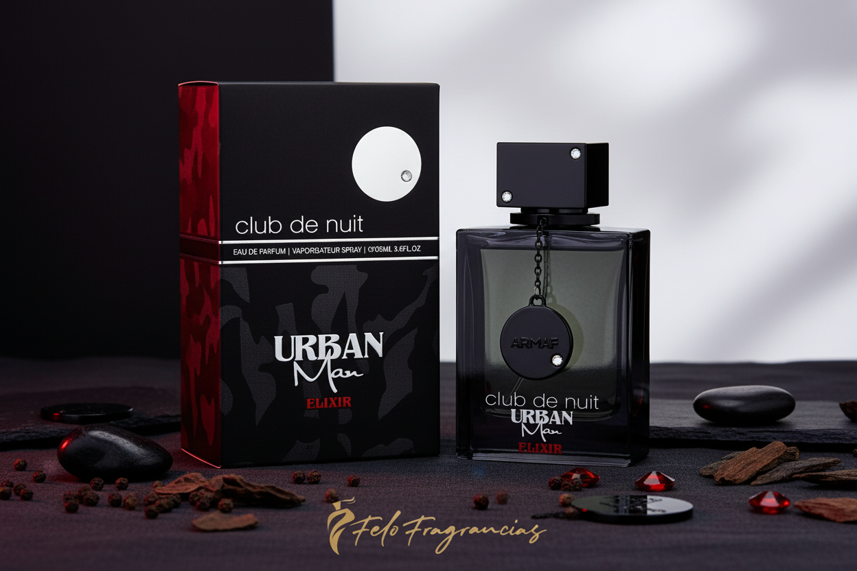 Perfume Armaf en estuche y frasco de vidrio oscuro, etiqueta Urban Man Elixir
