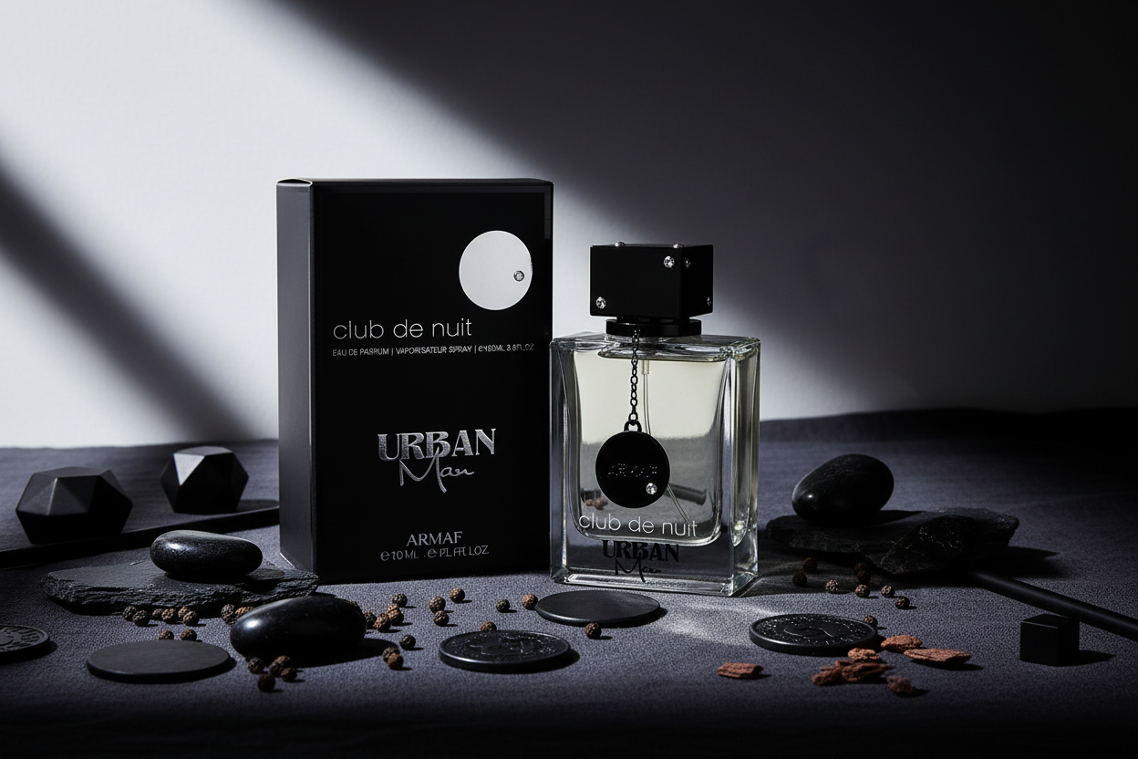 Eau de parfum Armaf con caja y frasco transparente con detalles negros