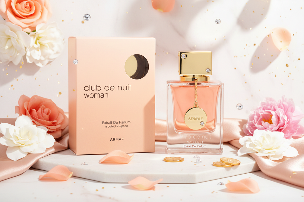 Perfume Armaf en frasco transparente con caja rosa, 100 ml, Extrait de Parfum