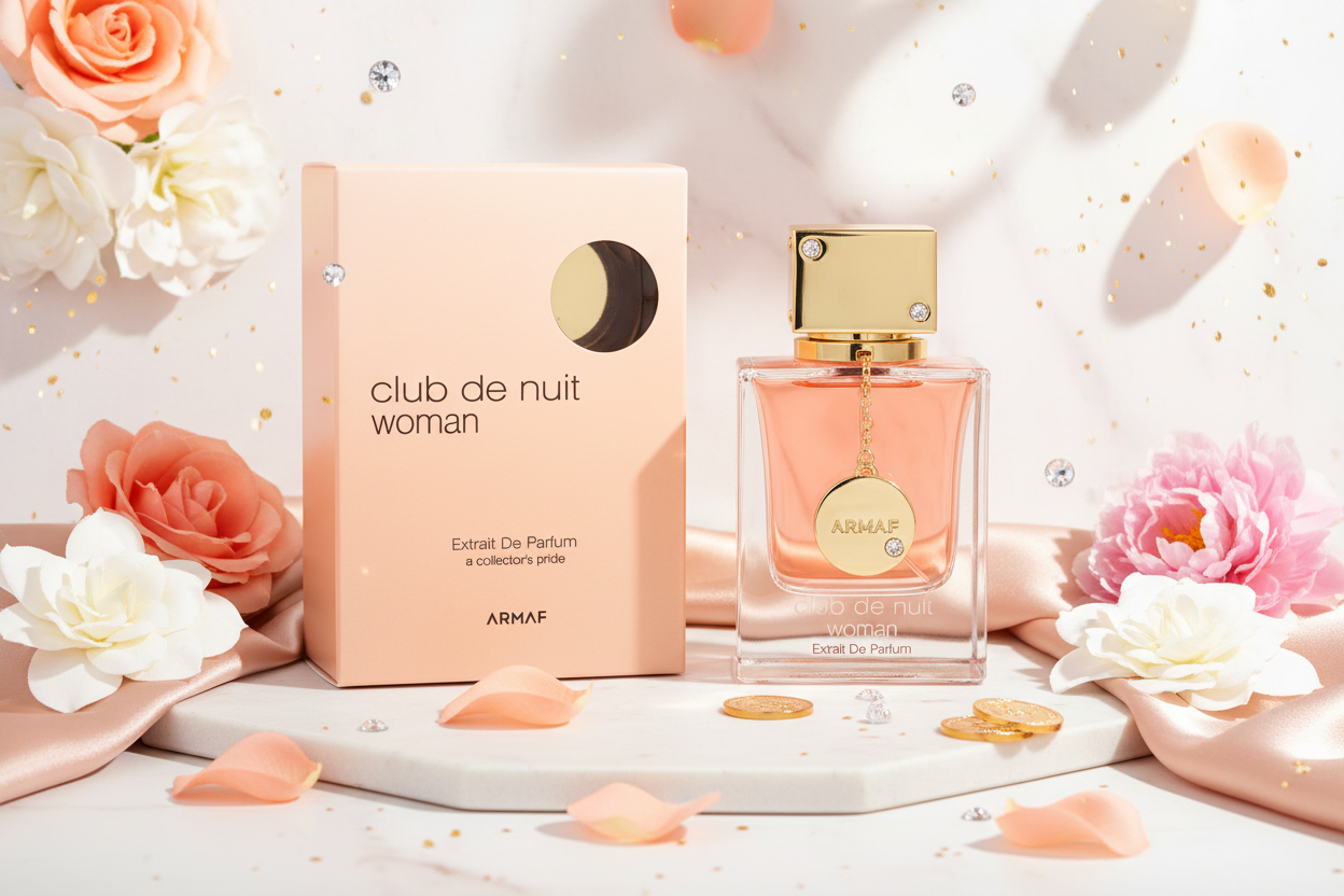 Perfume Armaf en frasco transparente con caja rosa, 100 ml, Extrait de Parfum