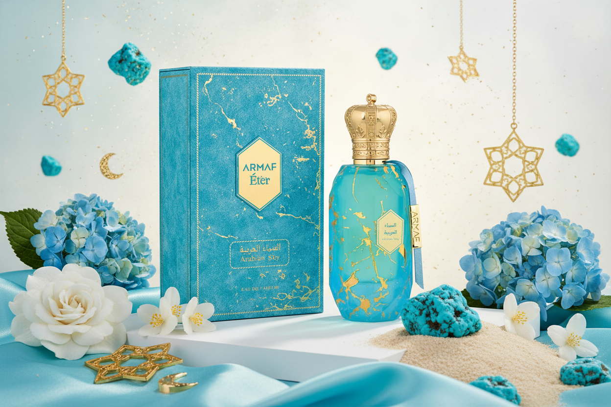 Perfume Armaf Eter Arabian Sky: frasco azul con tapa dorada y caja turquesa.