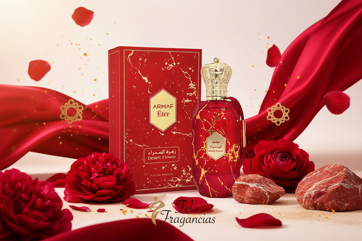 Perfume Eau de Parfum en frasco rojo con tapa dorada y caja roja 'Eter'