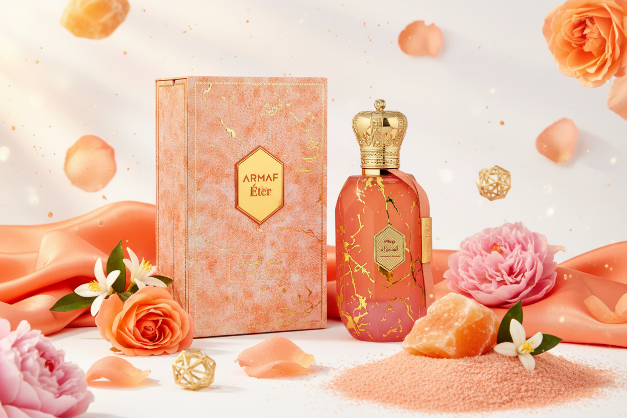 Perfume Armaf Eter Desert Rose en botella de vidrio ámbar con caja rosa