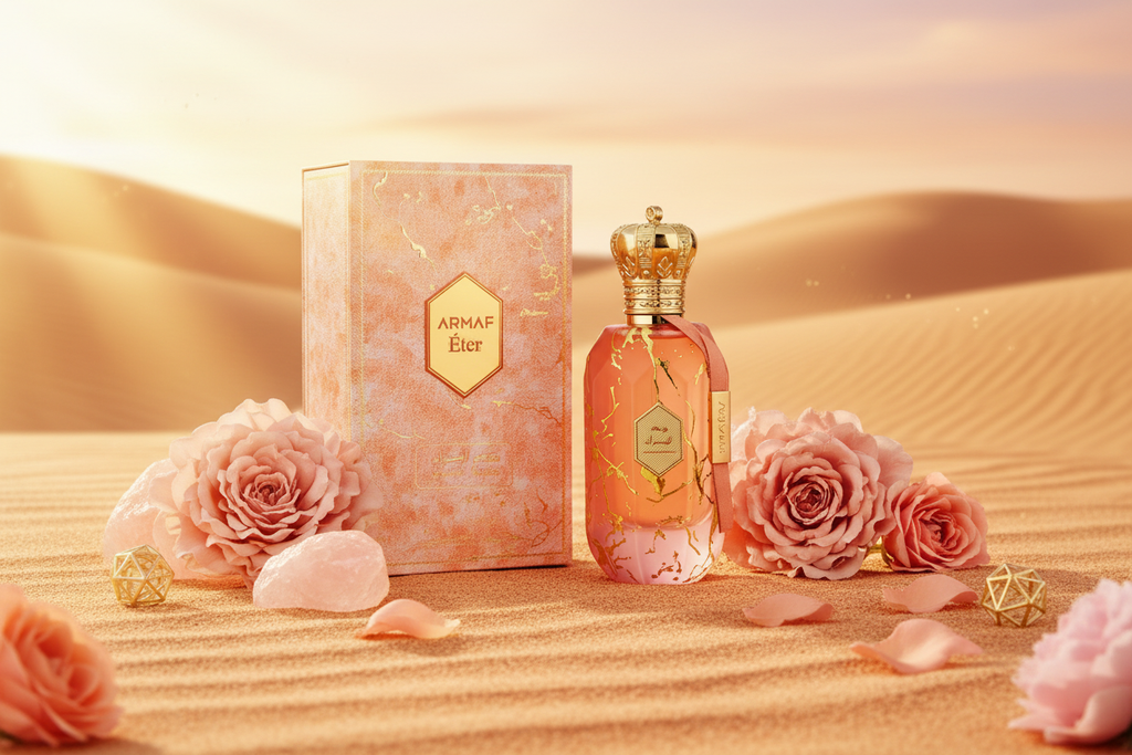 Frasco de perfume Eter Desert Rose con tapa dorada y caja