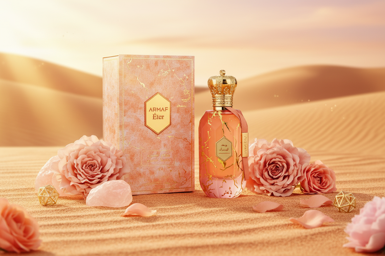 Frasco de perfume Eter Desert Rose con tapa dorada y caja
