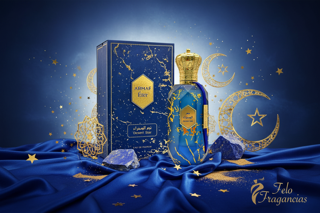 Perfume Armaf Eter Desert Star, frasco azul con tapa dorada y caja