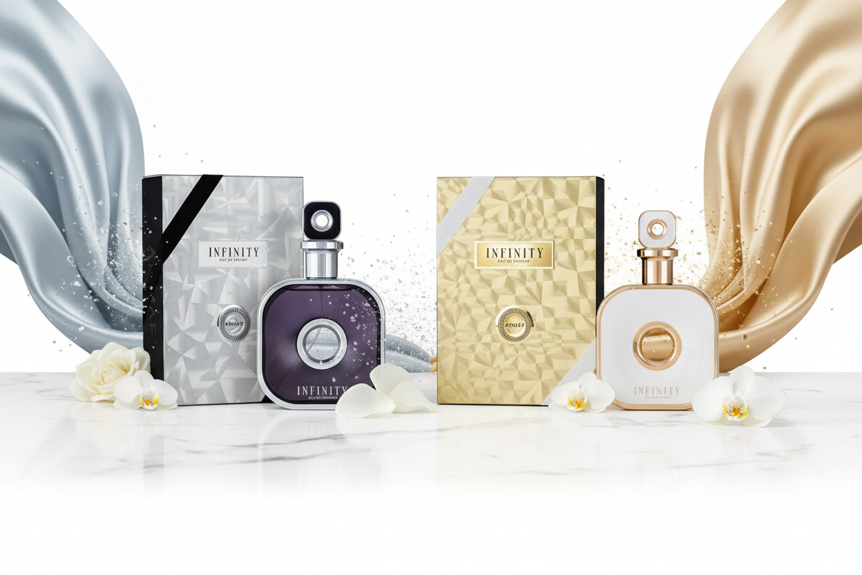 Perfume Armaf Infinity Gold y Silver, frascos y cajas, 105 ml, dorado y plateado