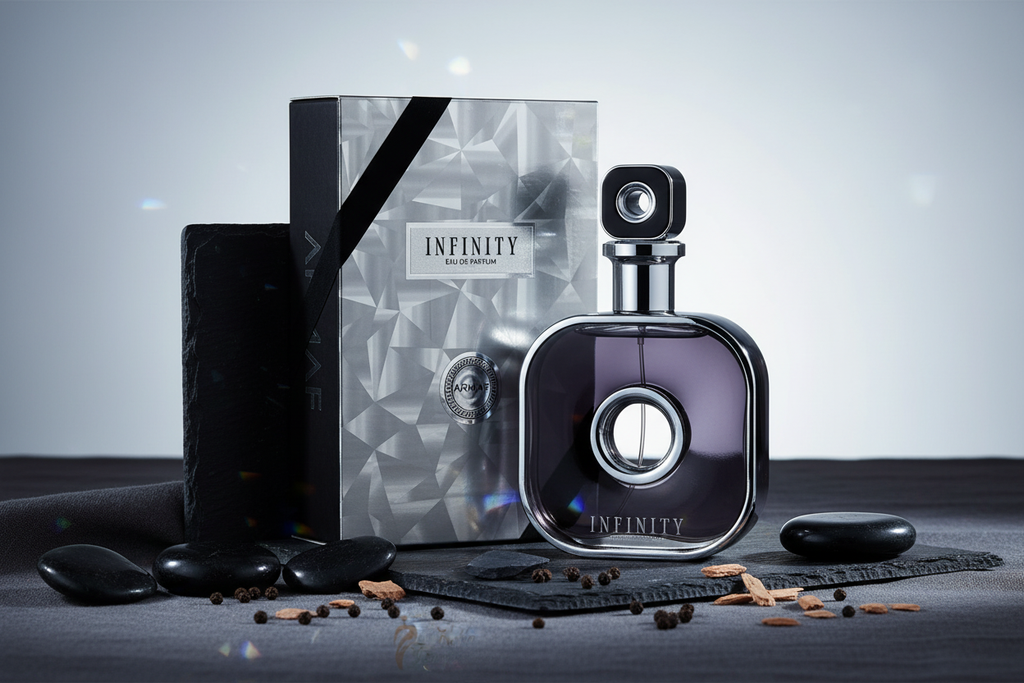 Perfume Armaf Club de Nuit Infinity Silver, frasco oscuro con tapa plateada y caja