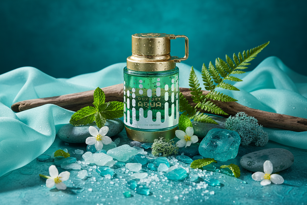 Botella de Eau de Parfum con spray, tonos verde menta y tapa dorada