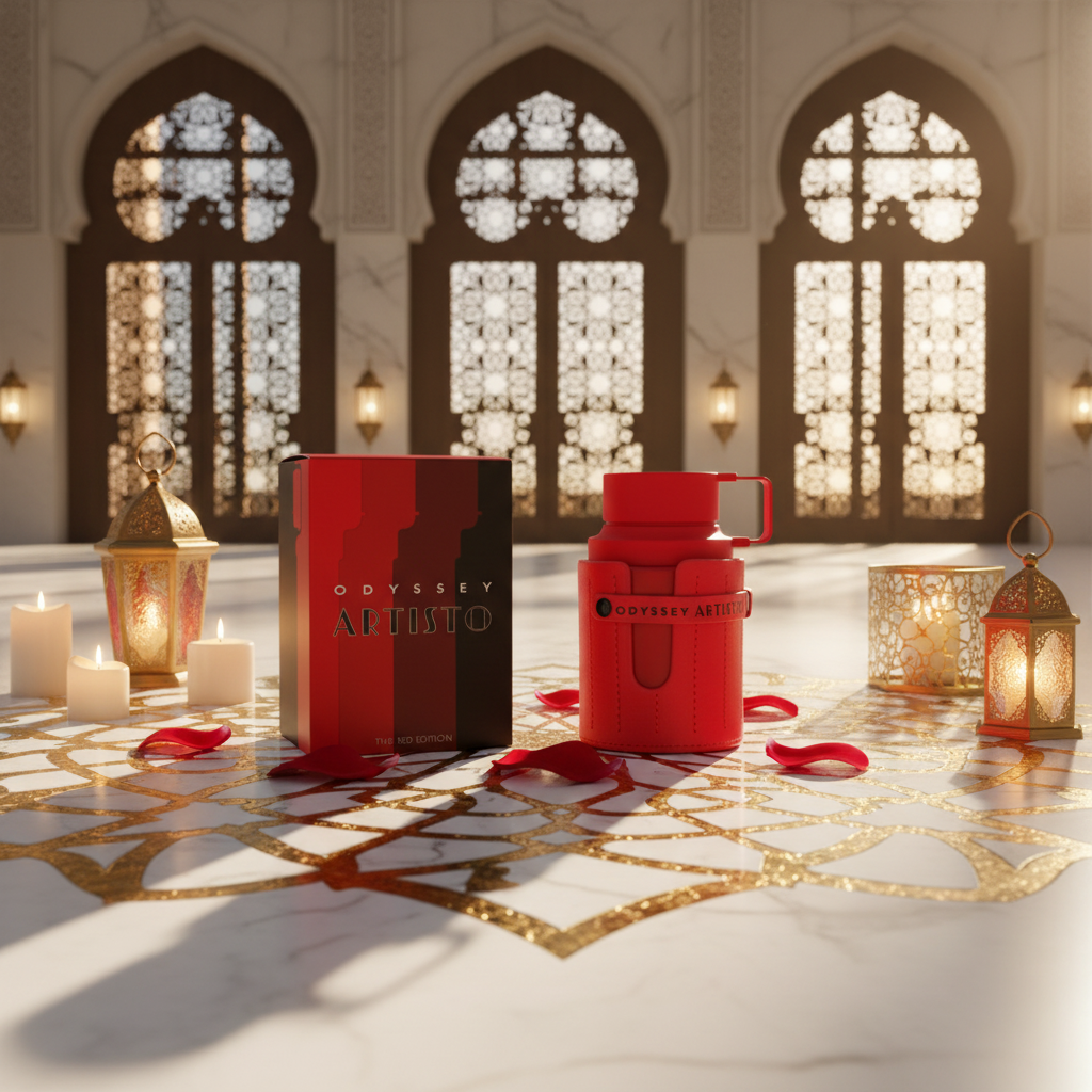 Eau de Parfum Armaf Odyssey Artisto en frasco rojo con asa y caja roja.