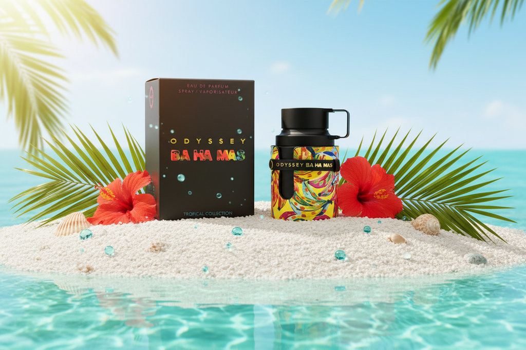 Eau de Parfum Armaf Odyssey Bahamas: frasco negro con tapa negra y caja marrón
