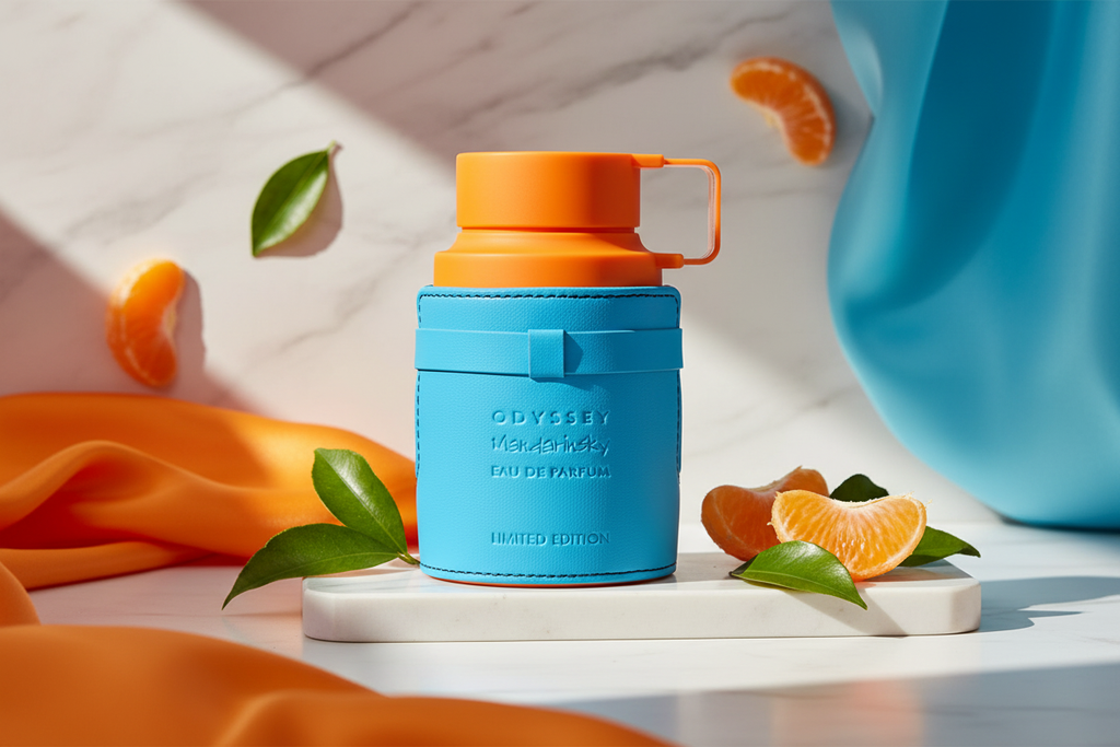 Perfume Armaf Odyssey Mandarin Sky: frasco azul con tapa naranja y asa sobre base