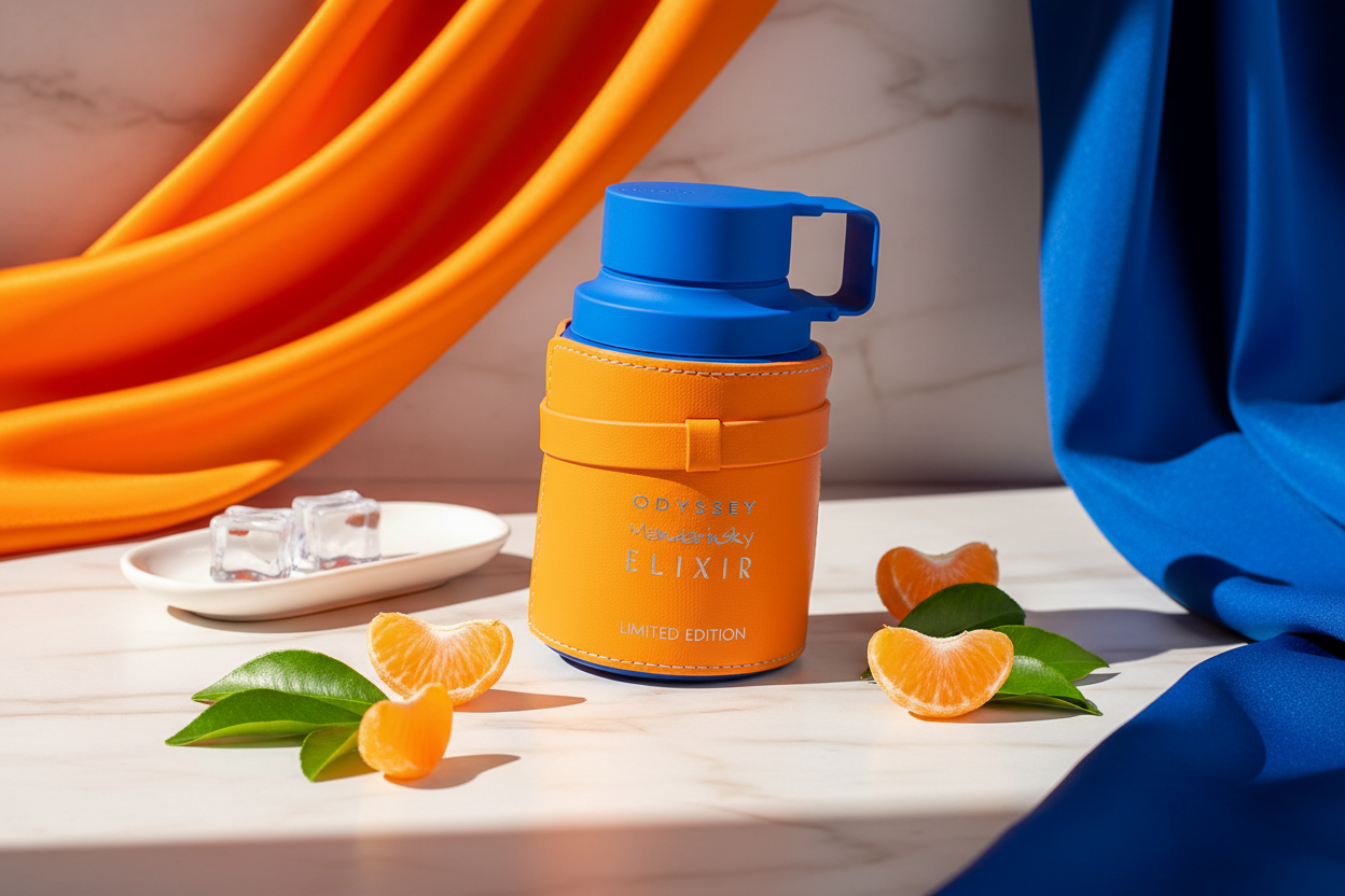 Eau de Parfum Armaf Odyssey Elixir edición limitada, frasco naranja con tapa azul