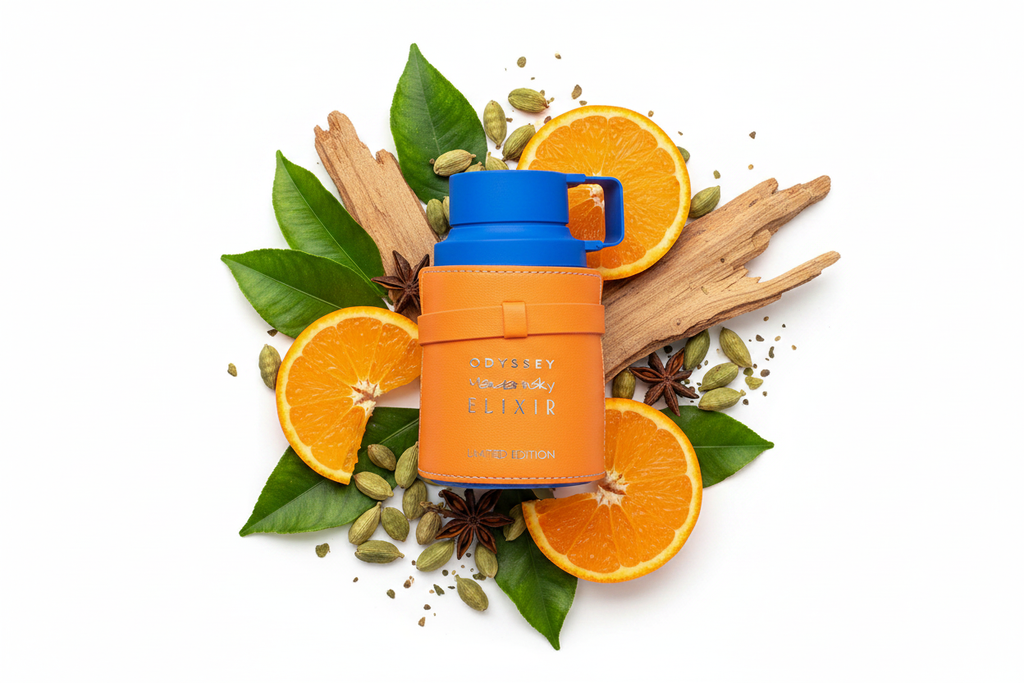 Eau de Parfum Armaf Odyssey Elixir: frasco naranja con tapa azul