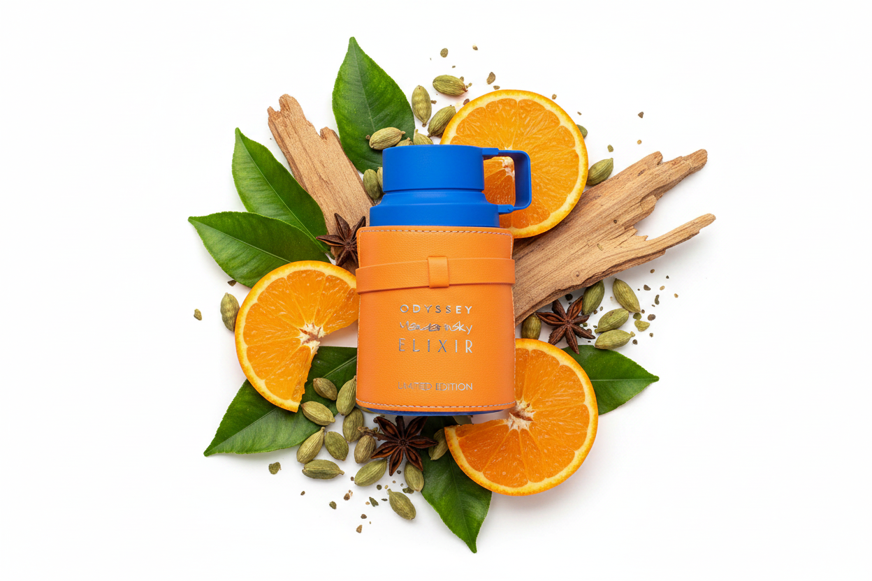 Eau de Parfum Armaf Odyssey Elixir: frasco naranja con tapa azul