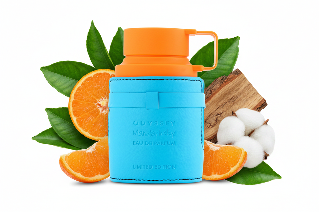 Perfume Armaf Odyssey Mandarin Sky: frasco azul con tapa naranja y asa, 100 ml