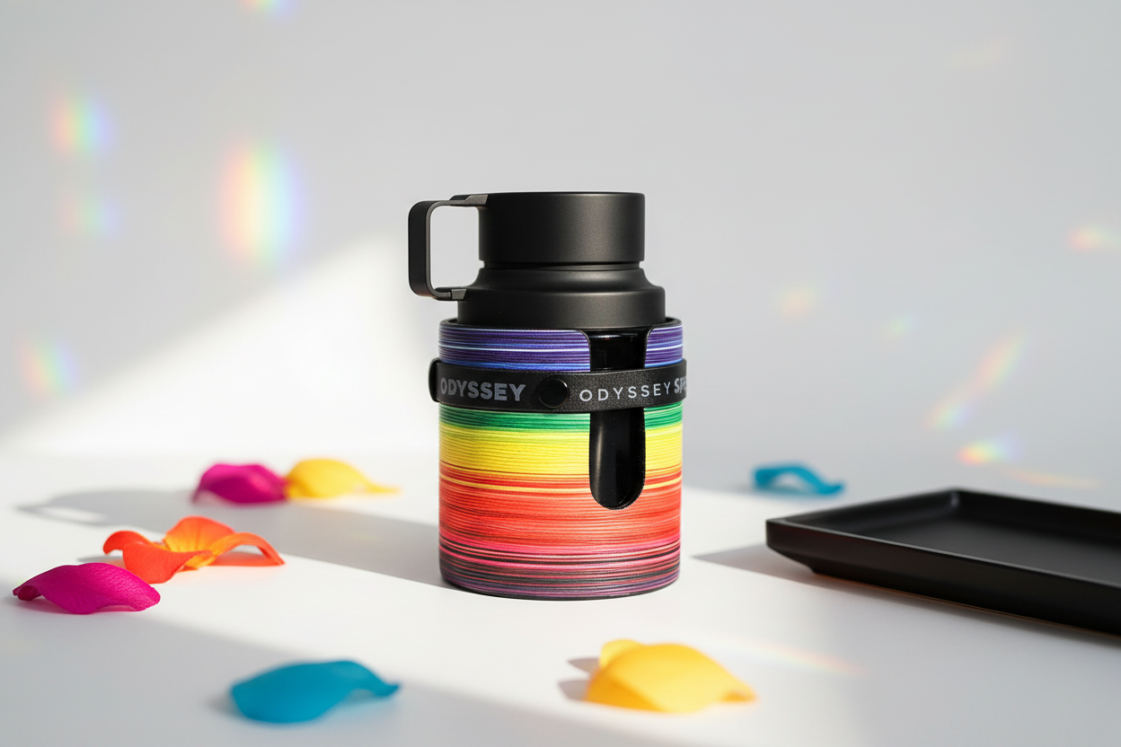Frasco de eau de parfum con tapa negra, atomizador y franjas arcoíris