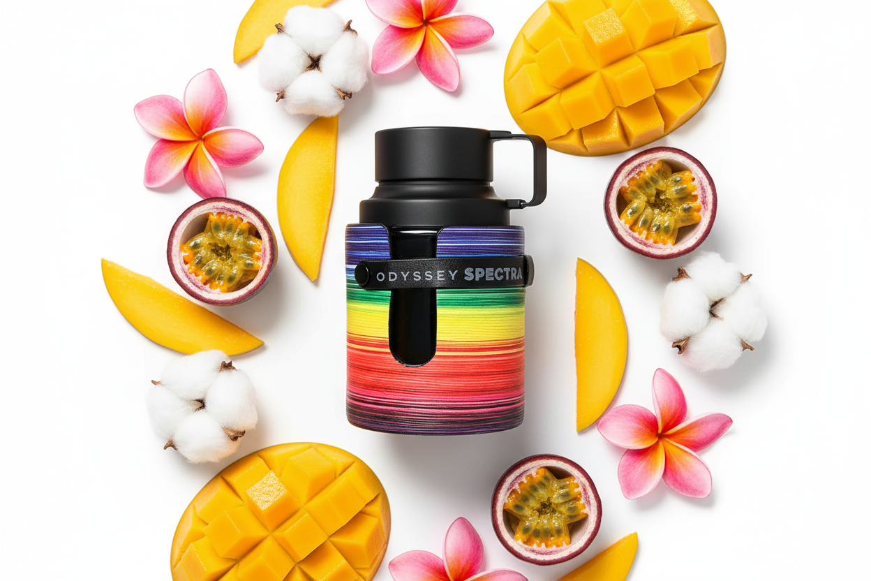 Frasco de eau de parfum con tapa negra y bandas arcoíris