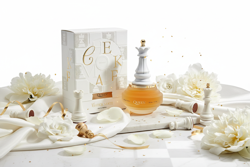 Frasco de Eau de Parfum ámbar con caja blanca y flores blancas decorativas