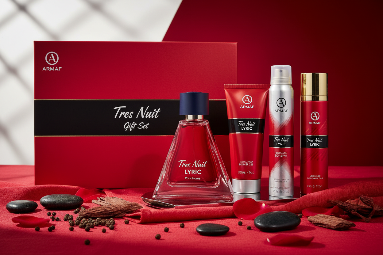 Set de regalo Armaf Tres Nuit Lyric: 4 frascos y tubos rojos