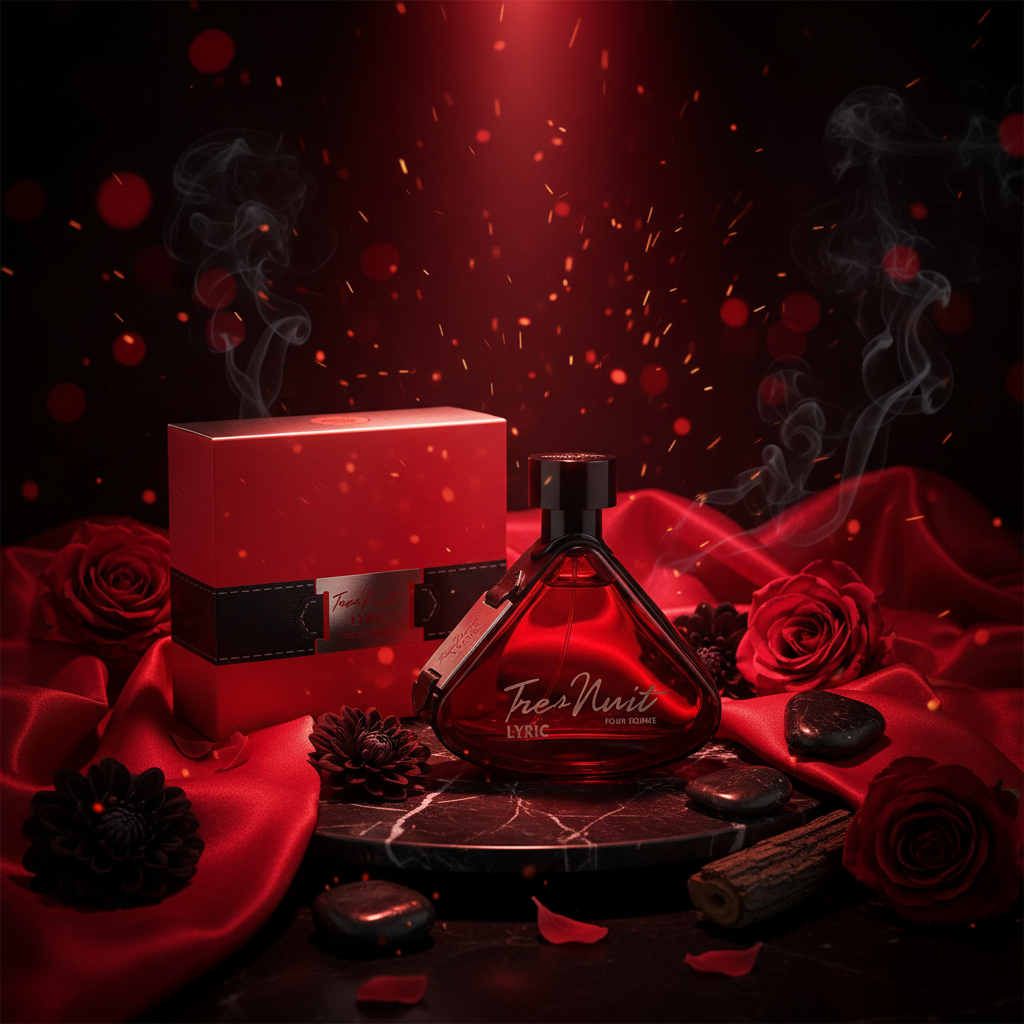 Perfume en eau de parfum para hombre: botella ámbar oscura con tapa negra y etiqueta roja.