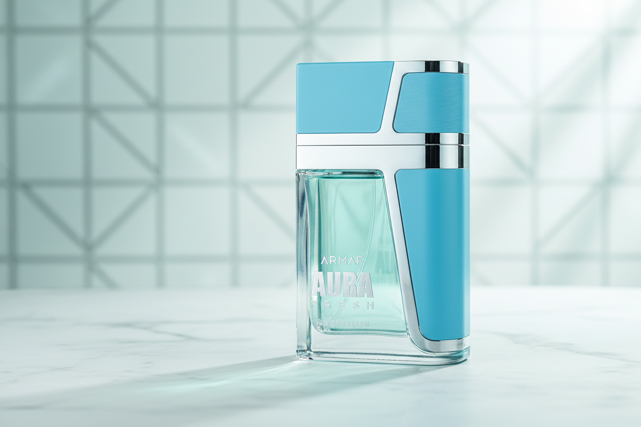 Frasco de eau de parfum Afnan Aura Fresh con tapa y paneles azules