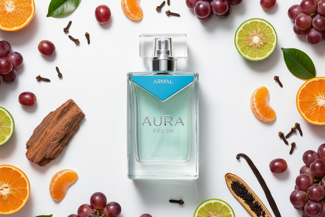 Frasco de eau de parfum Afnan Aura Fresh con tapa plateada y vidrio azul