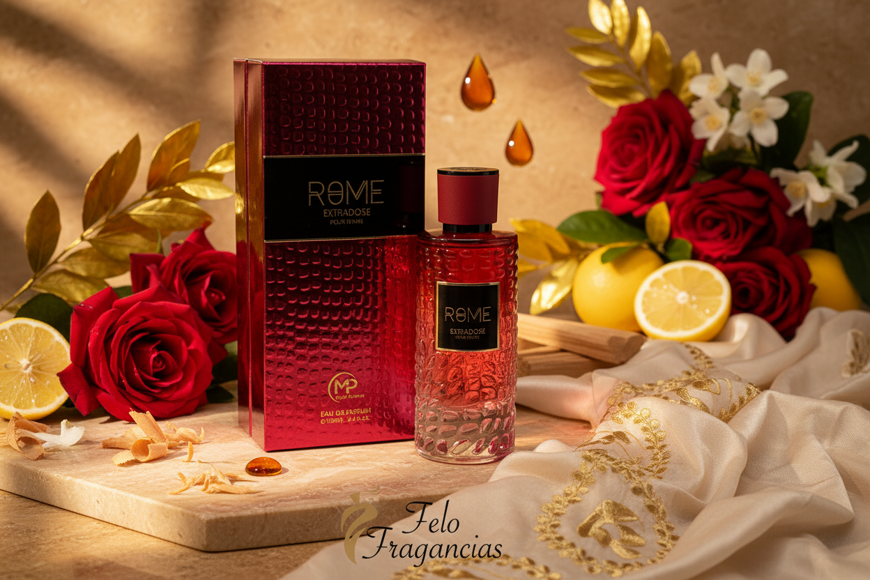 Perfume en frasco rojo con caja roja, 100 ml, con rosas y cítricos alrededor.