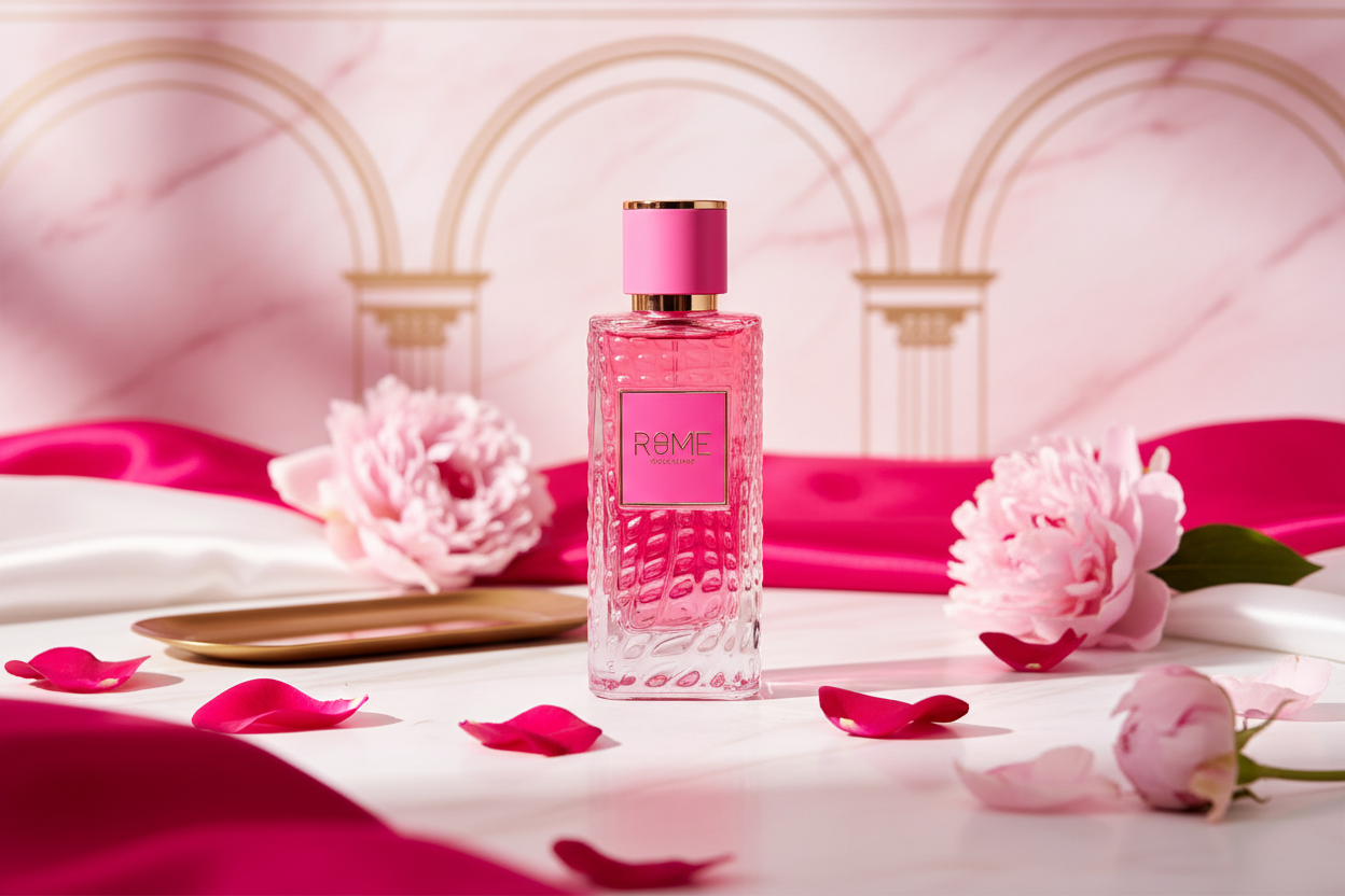 Botella de perfume Eau de Parfum rosa vista frontal, con tapa dorada