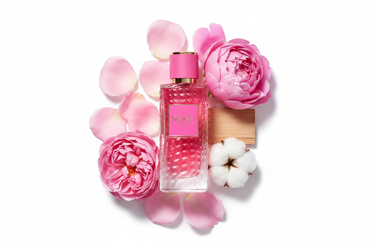Botella de perfume Eau de Parfum rosa con tapa dorada