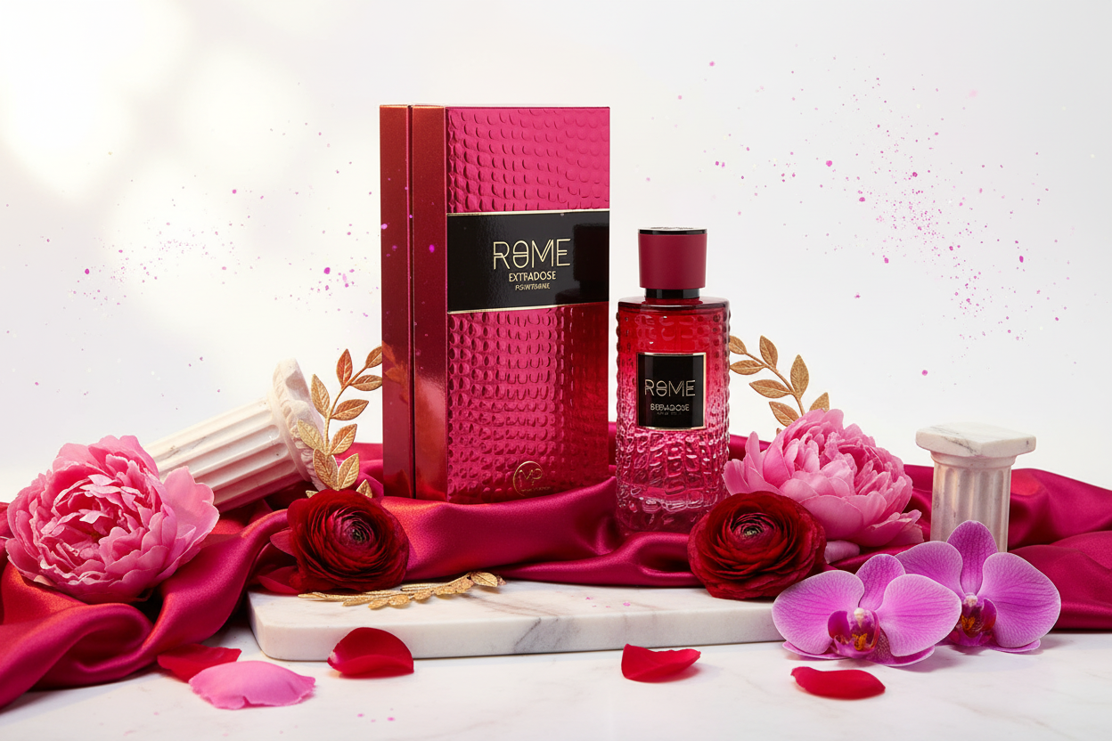 Perfume Bharara Rome Extradose Femme 100 ml, frasco con tapa roja y caja granate