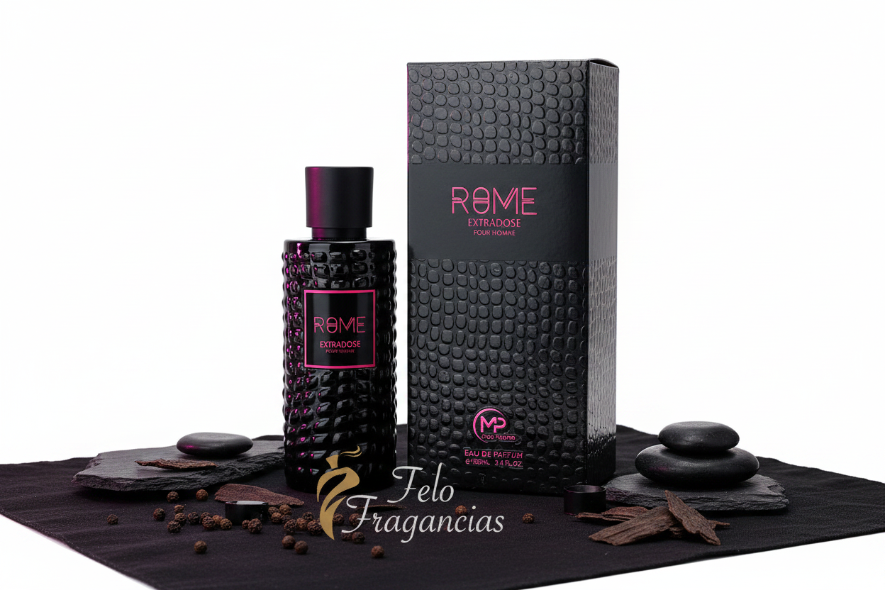 Perfume Eau de Parfum para hombre ROME Extradose, botella negra y caja
