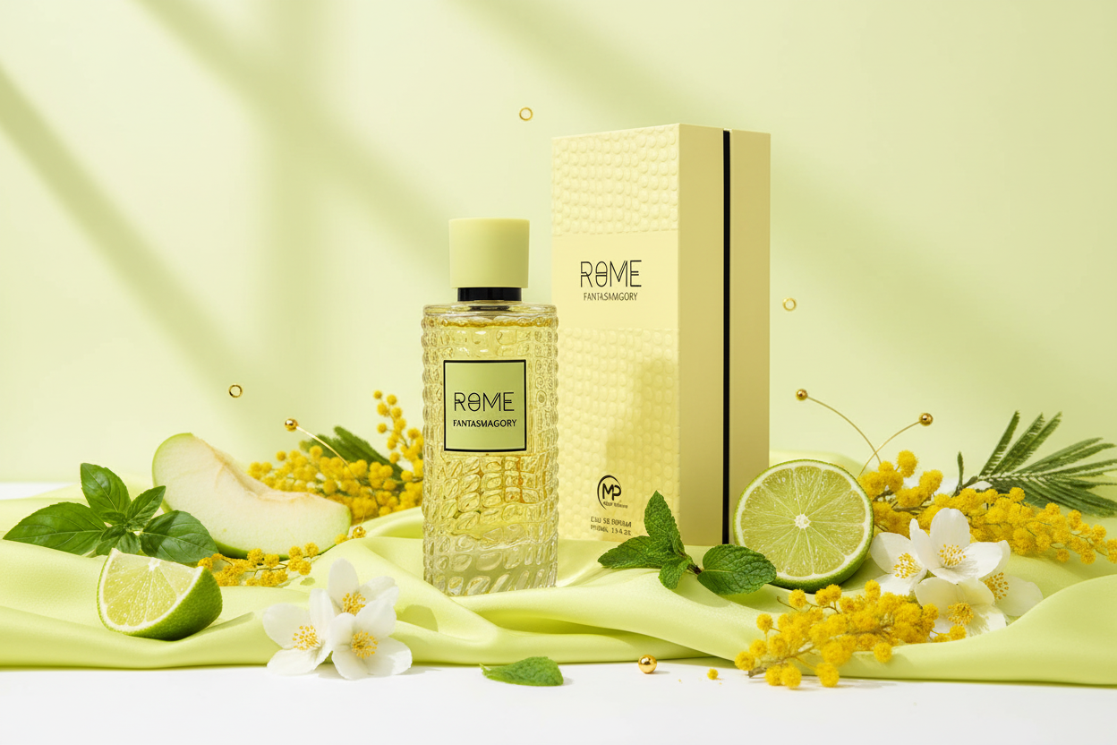 Perfume unisex en frasco de vidrio con líquido amarillo y caja decorativa