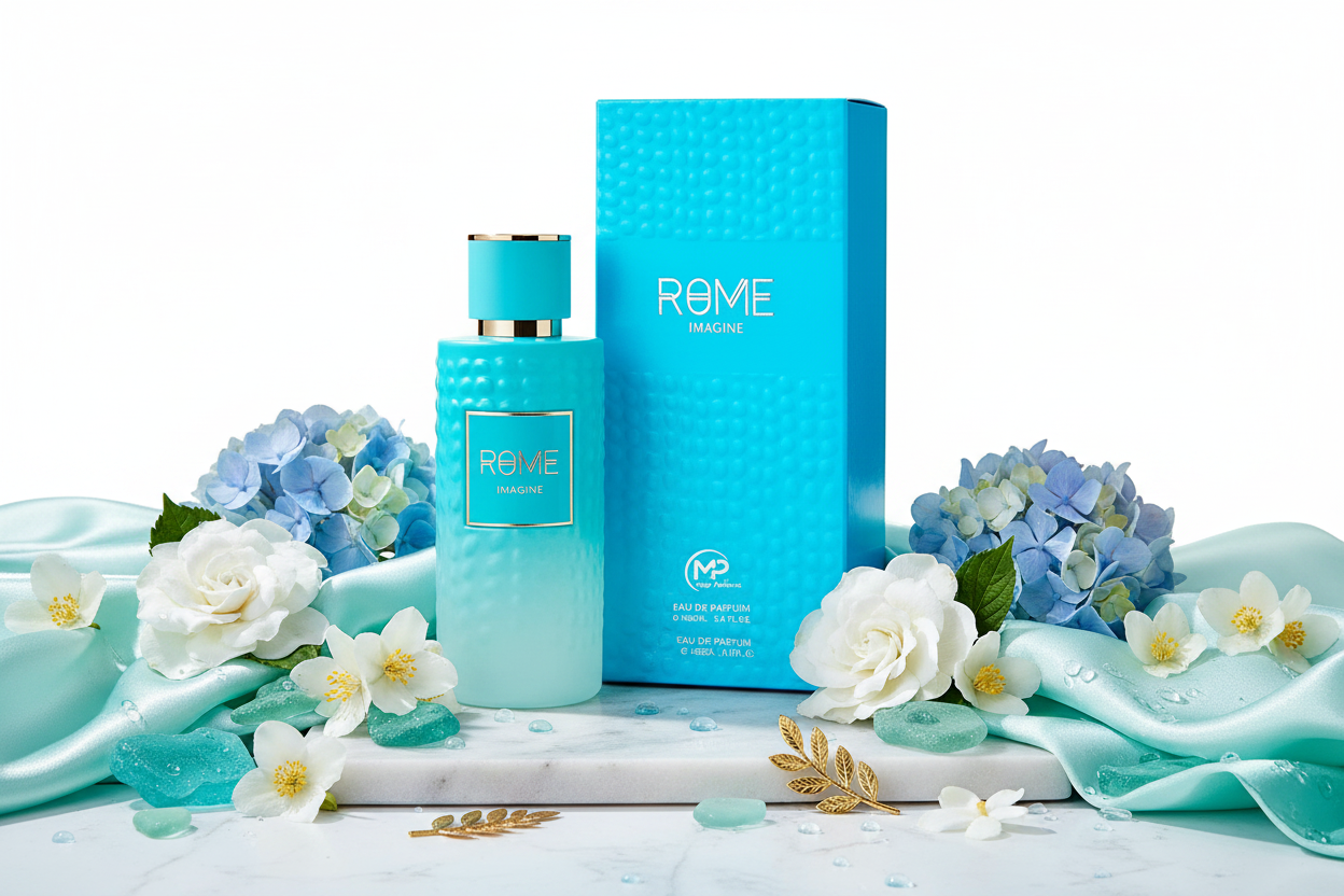 Perfume Eau de Parfum unisex Bharara Mast Rome Imagine 100 ml: frasco y estuche turquesa.