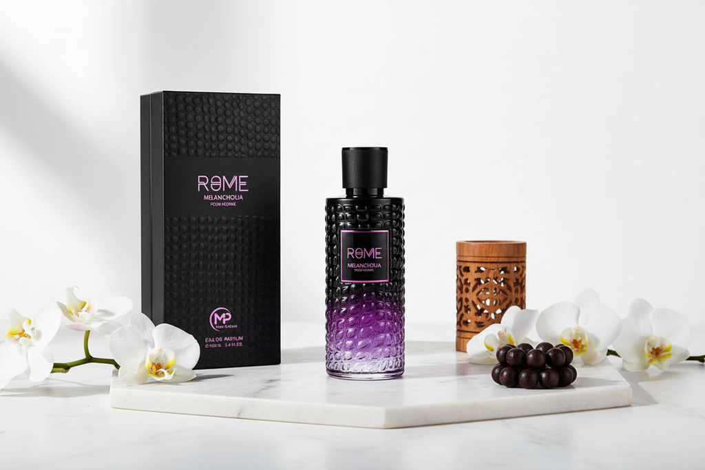 Perfume para hombre: frasco negro con líquido púrpura, caja y tapa negra