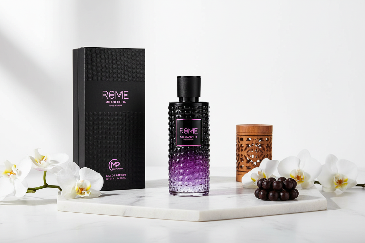 Perfume para hombre: frasco negro con líquido púrpura, caja y tapa negra