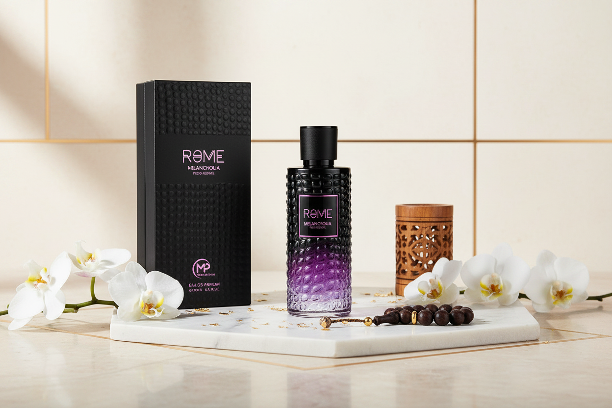 Perfume para hombre Rome, botella negra con franja morada y caja negra