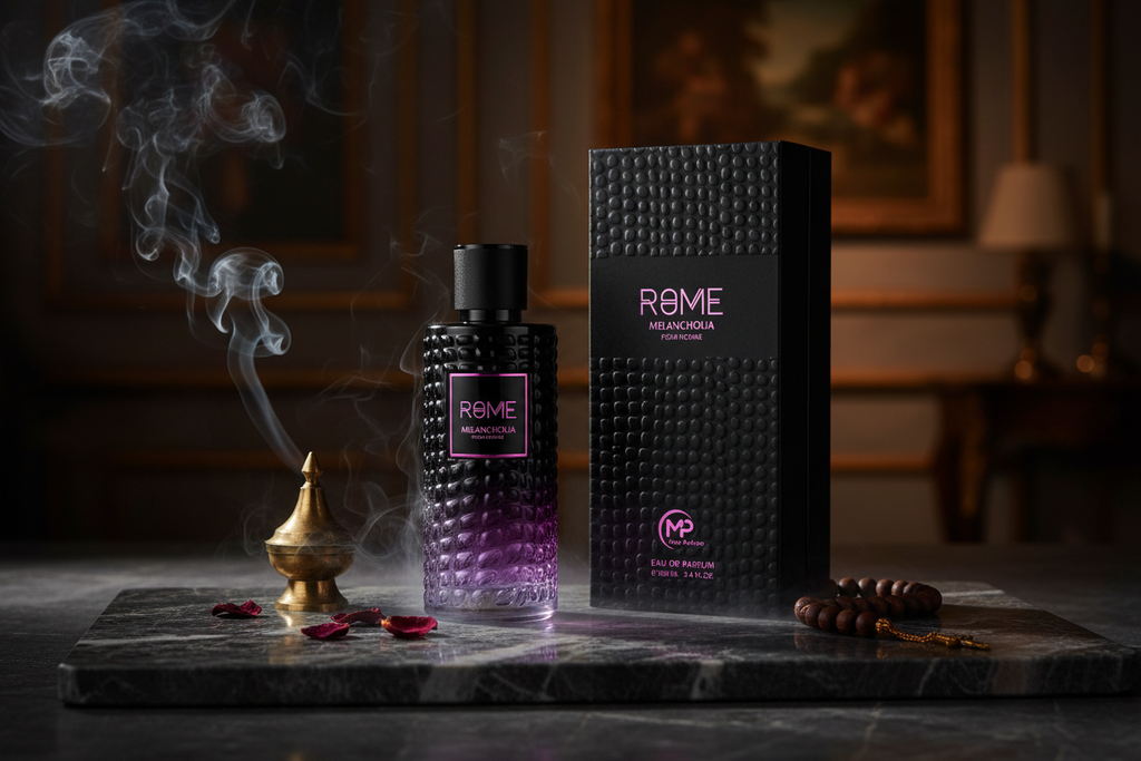Perfume para hombre Rome, botella con franja morada y caja negra texturizada